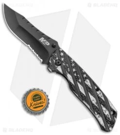 M&P American Patriot Folder Knife Black US Flag/Barbed Wire (3.25" Black Serr) -Schrade Smith and Wesson MP American Patriot Folder in Tin BHQ 123480 jr bottlecap