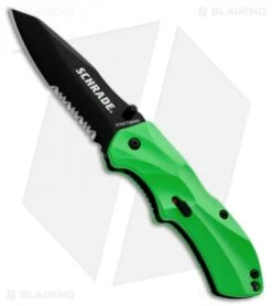 Schrade Small Clip Point Spring Assist Knife Green (2.5" Black Serr) SCHA7SMGRS
